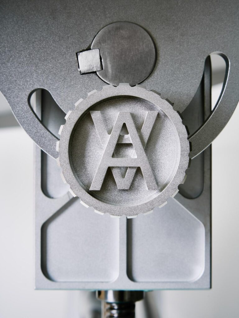 Bead blasted anodised aluminium finish detail on custom drafting table