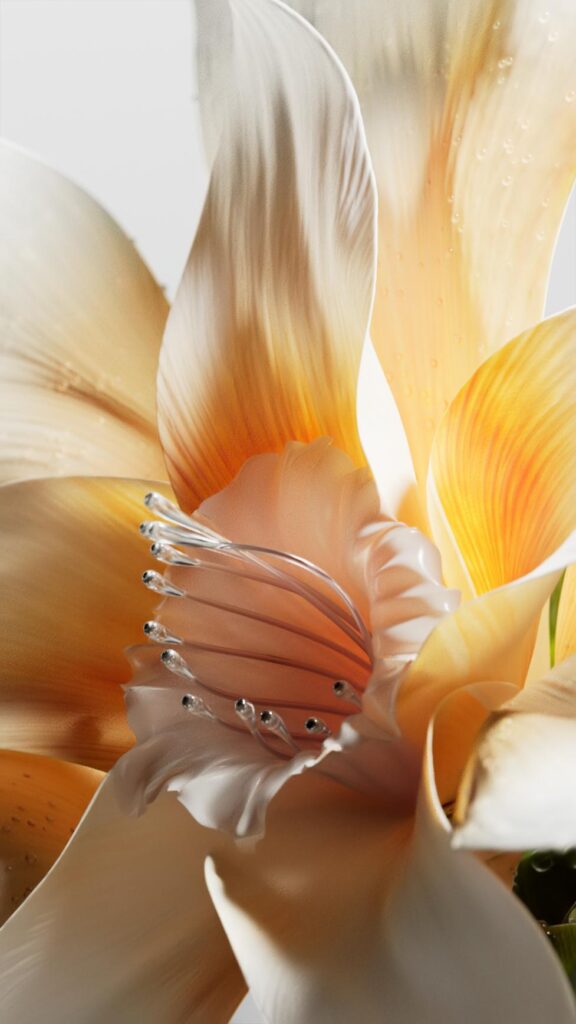 Digital flower surrounded by translucent liquid in Fluid Matters CGI artwork by La Boom