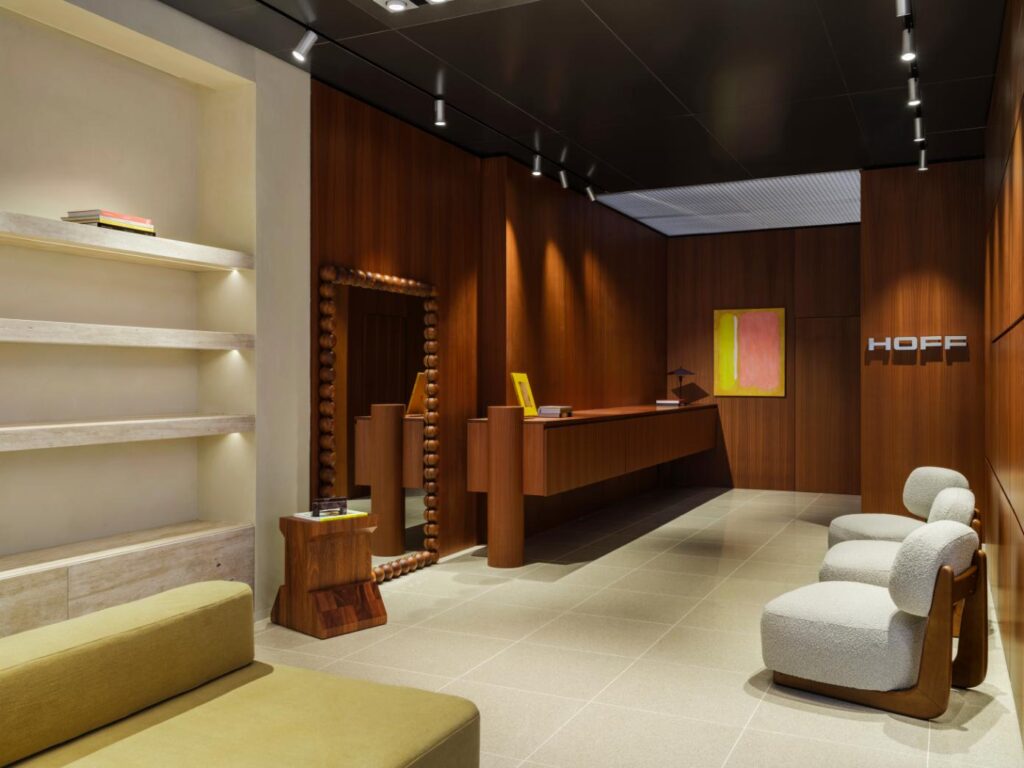 Interior of HOFF flagship sneaker store in London with mosaic grid flooring