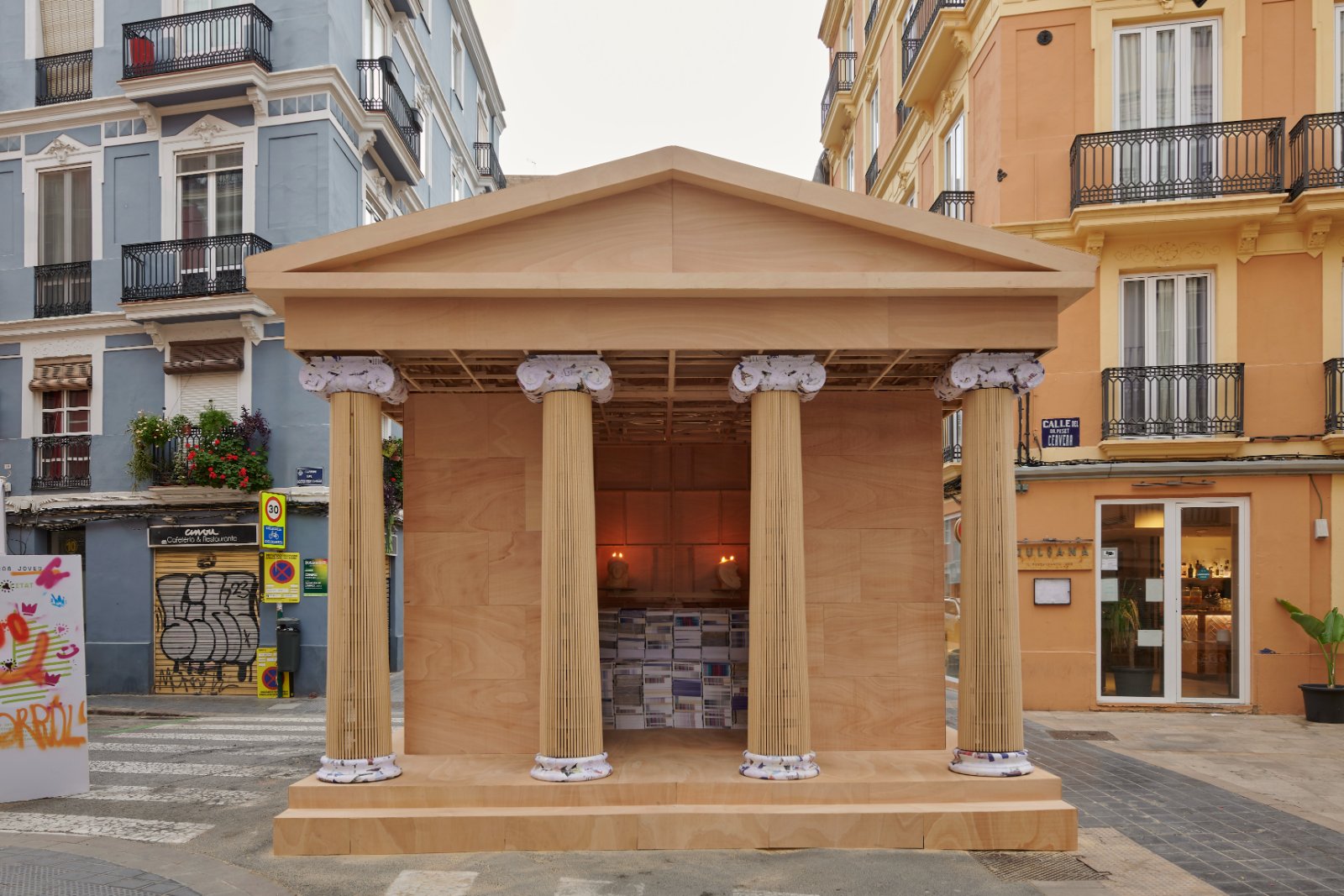 PichiAvo installation at Fallas Valencia combines classical temple and graffiti
