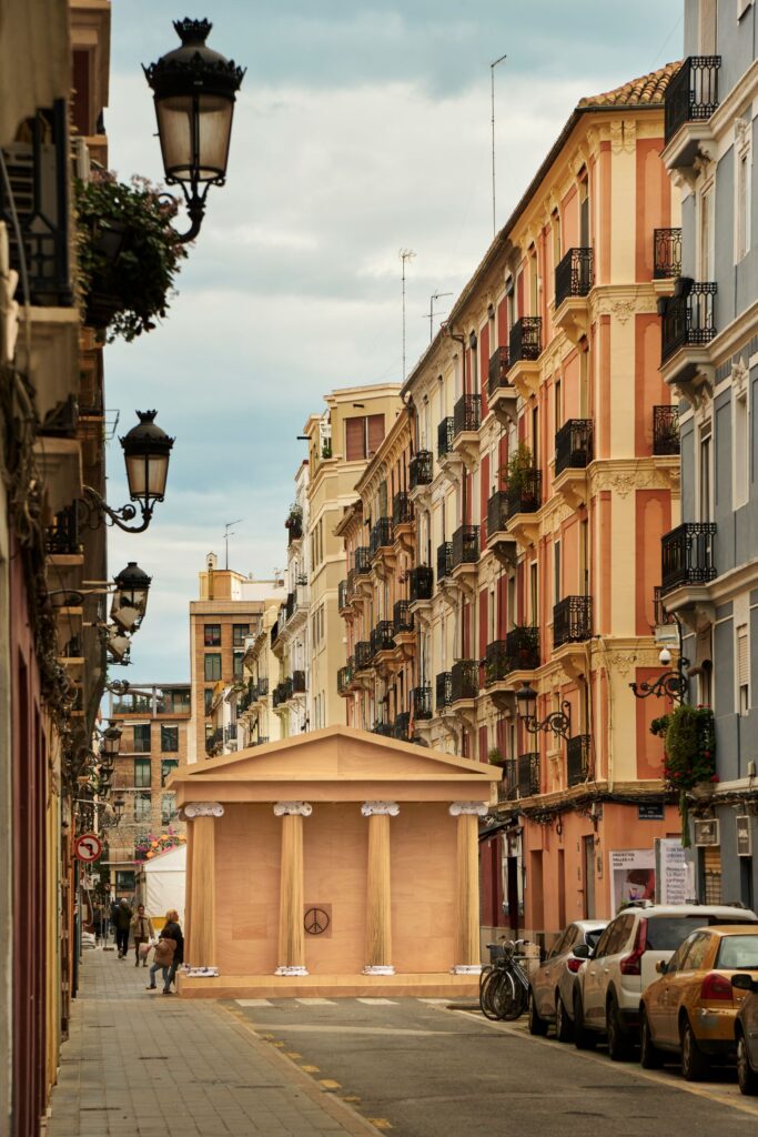 PichiAvo installation at Fallas Valencia combines classical temple and graffiti -