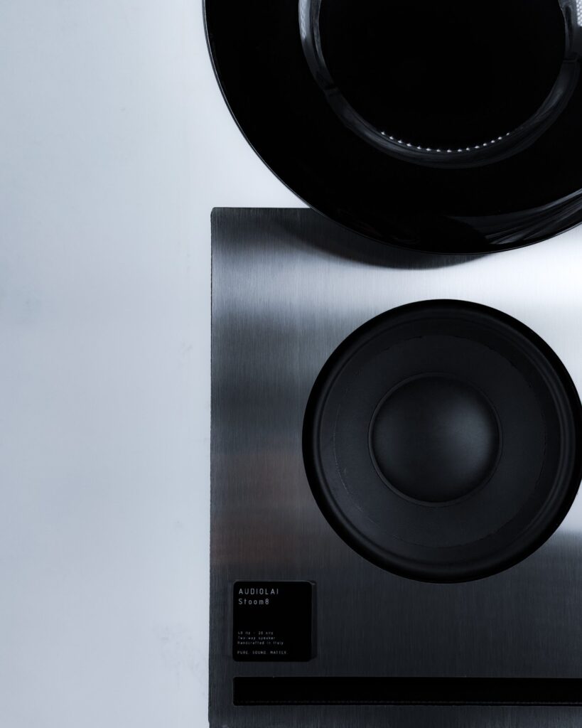 Close-up of STOOM horn geometry showing directional acoustic design and material texture