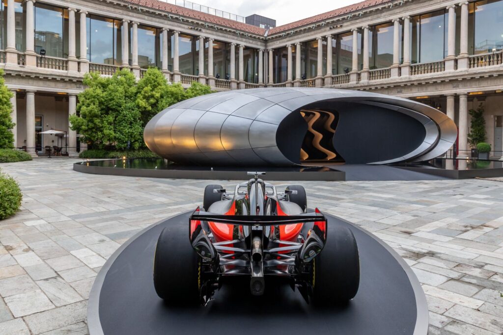 Audi Origin installation exterior courtyard Portrait Hotel Milan metallic structure