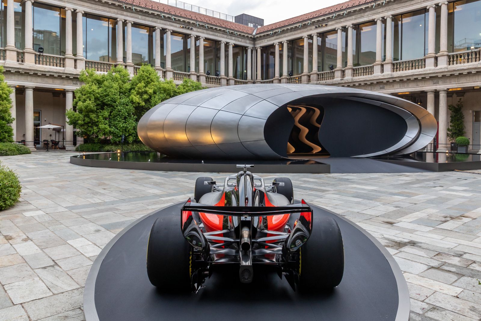 Audi Origin installation exterior courtyard Portrait Hotel Milan metallic structure