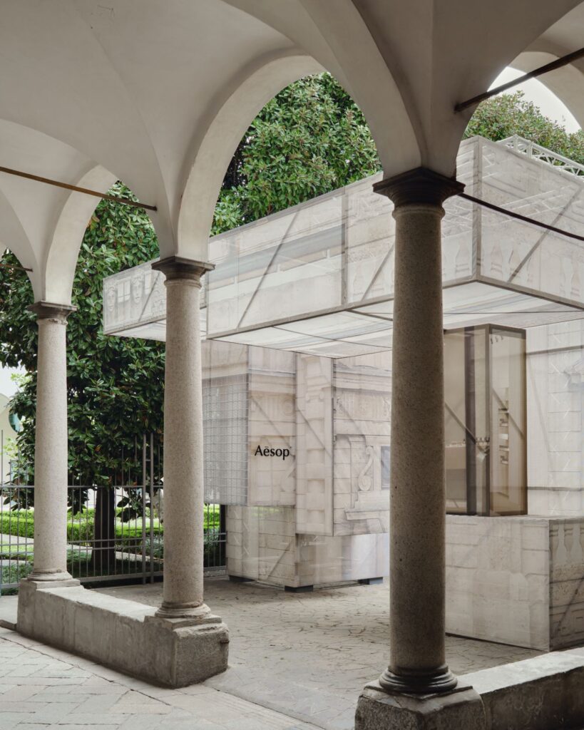 Aesop Factory of Light installation exterior scaffolding structure Santa Maria del Carmine Milan