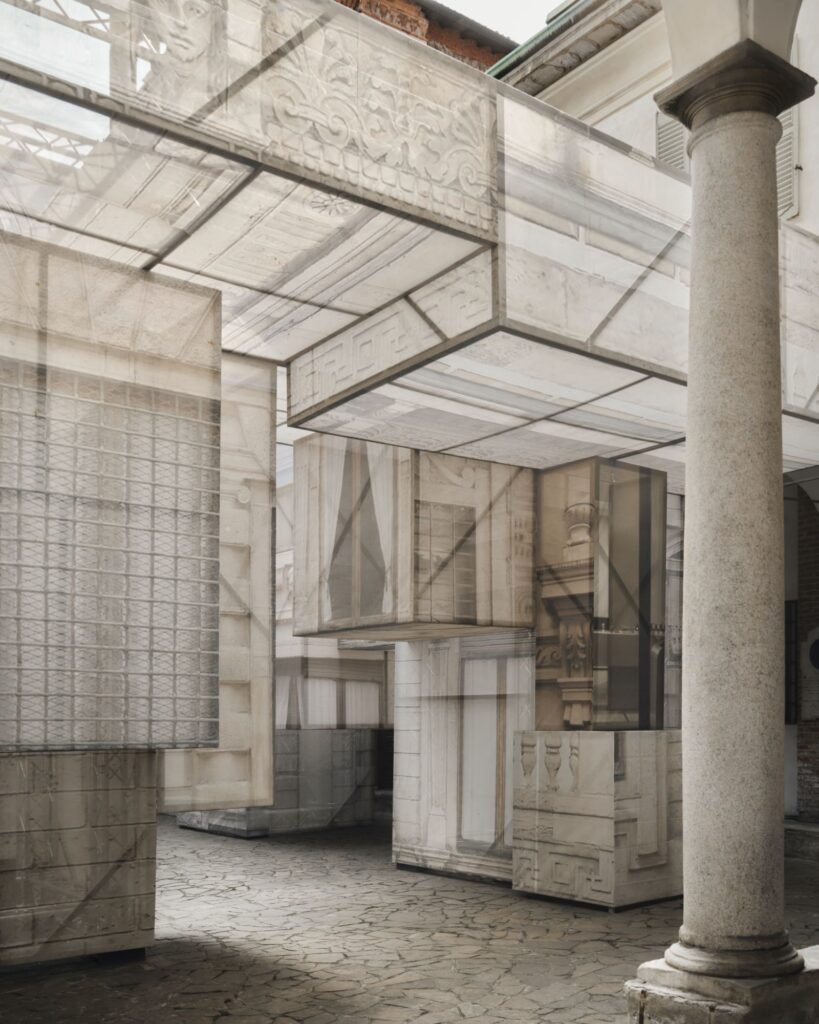 Translucent tarpaulin walls forming temporary architecture inside cloister