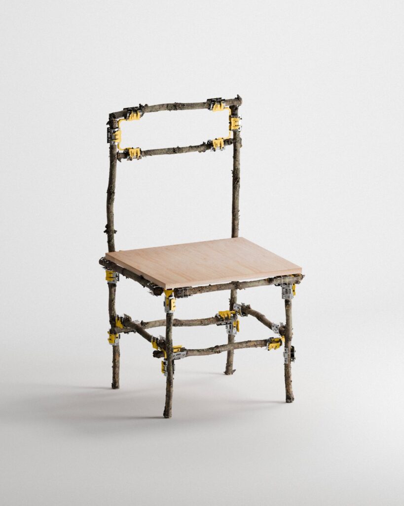 Omnibite prototype chair assembled without screws using natural wood