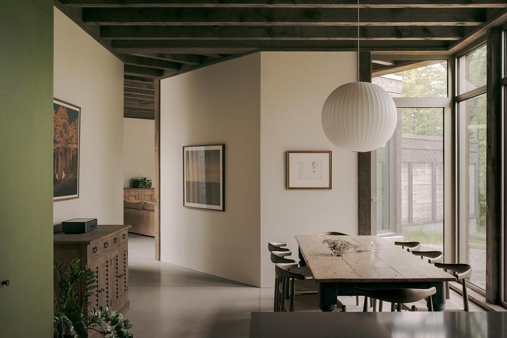 Open-plan social space with exposed hemlock structure