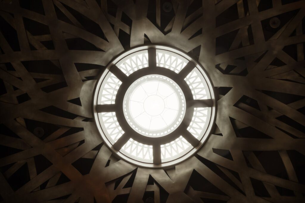 Natural light enters through a skylight