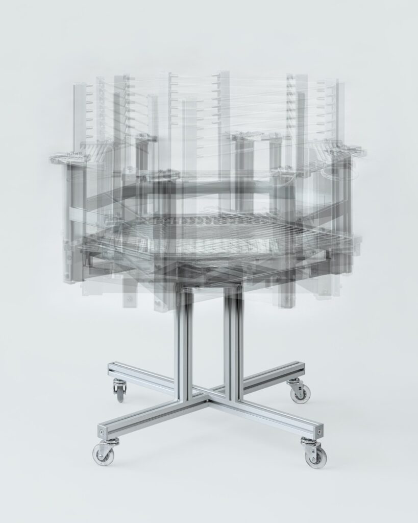 Swivel chair with exposed aluminium frame and flexible tube connections