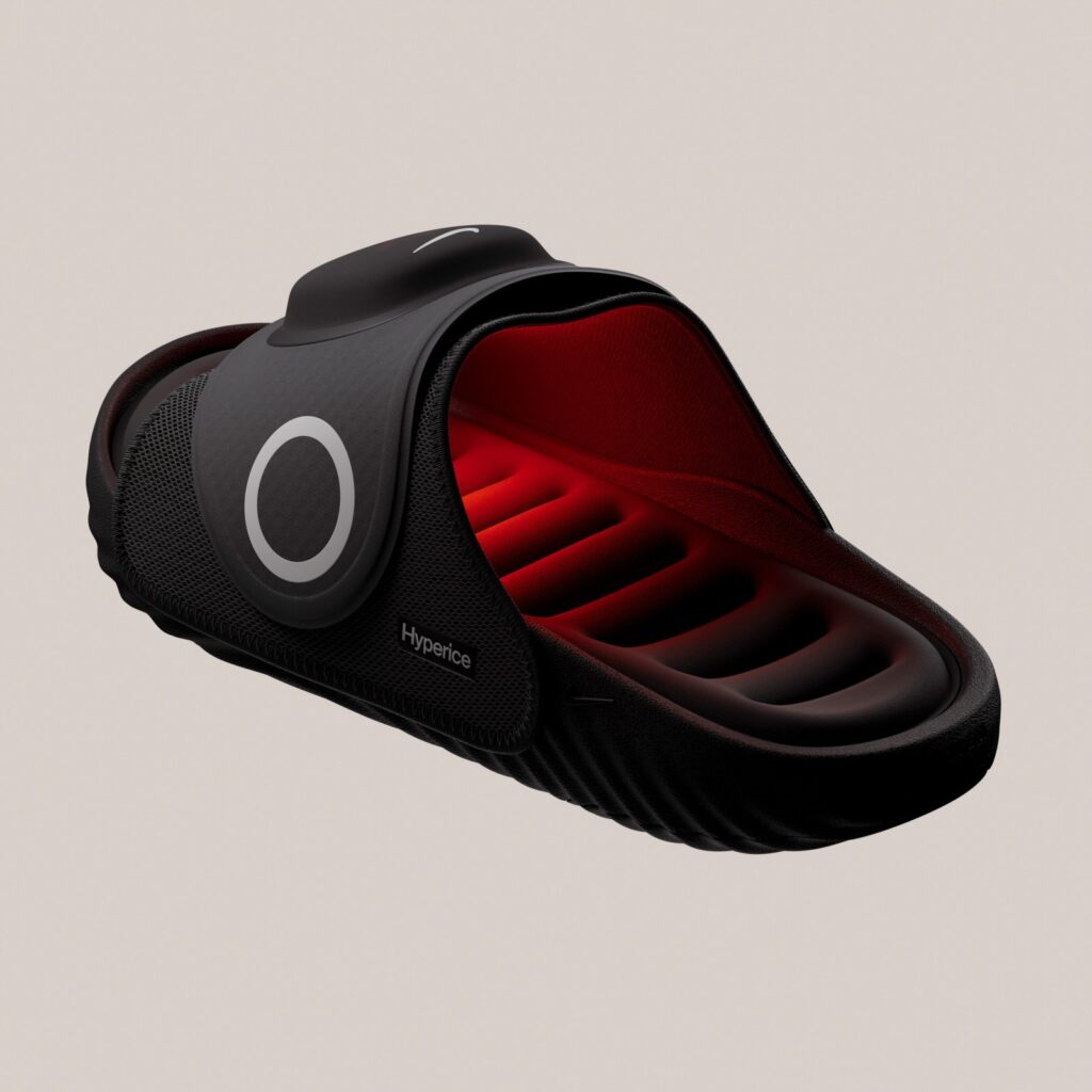 Black Nike Air Zoom Hyperslide with red illuminated footbed and Hyperice strap