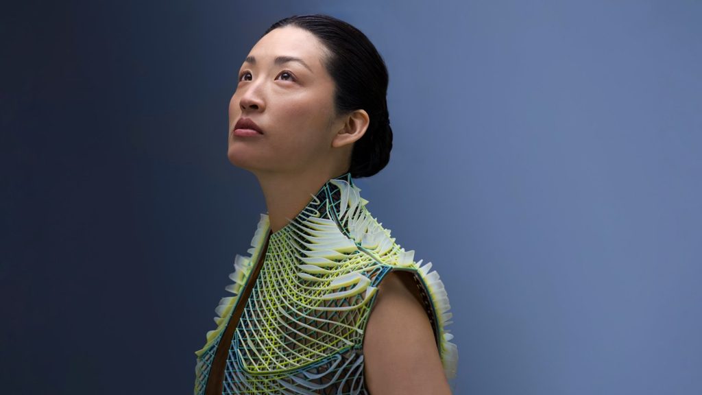 Front view of the personalised garment showing its open lattice construction and adaptive material zones