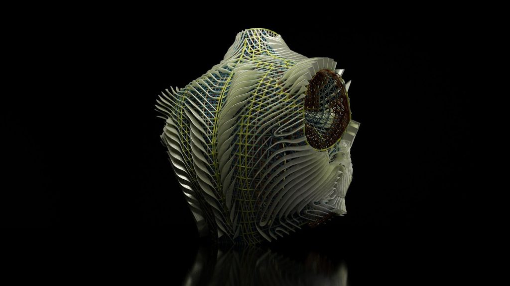 Rear digital rendering showing the layered geometry and material distribution of the garment