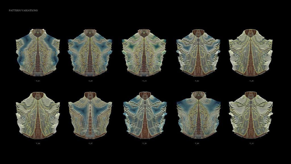 Computational study showing multiple pattern variations generated for the adaptive garment