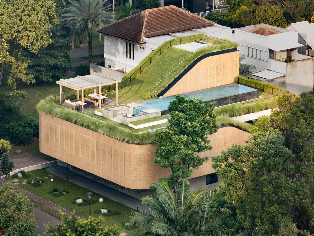 Split Mass Residence connects living spaces through grassy rooftops
