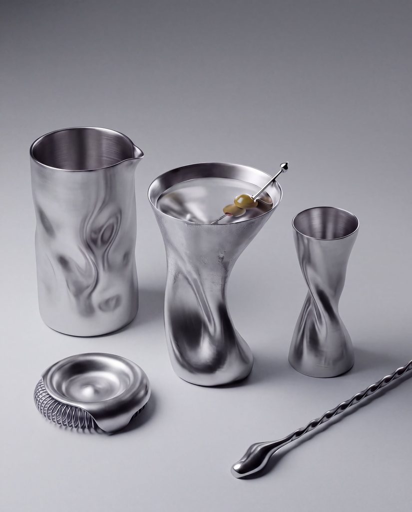 Davide Bozzo Studio reimagines Dry Martini barware through deformed steel