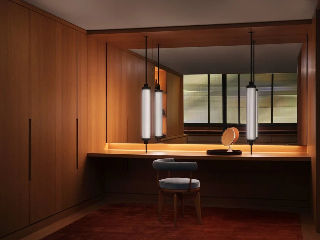 Hair and makeup room with timber cabinetry, illuminated mirrors and dressing station