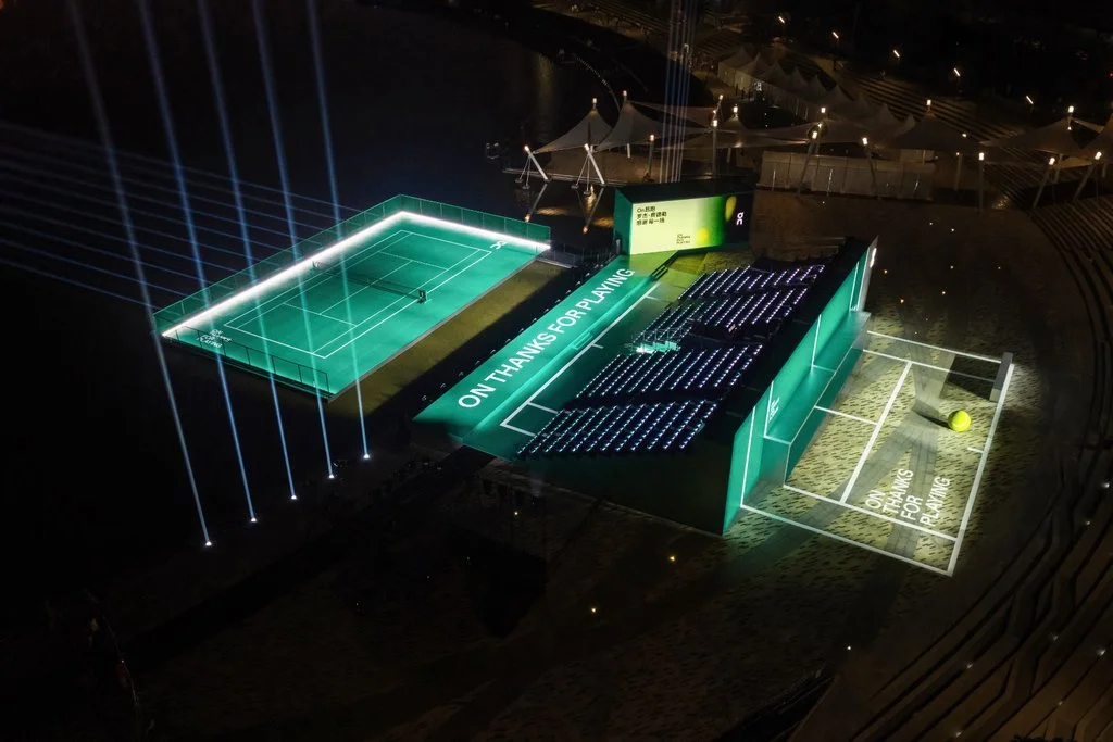 Aerial view of On floating tennis court and spectator seating at Shenzhen Talent Park
