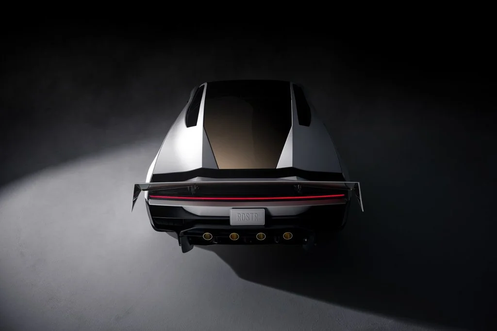 Rear view of Tesla Roadster with active wing and aerodynamic diffuser