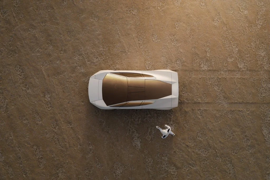 Overhead view of Tesla Roadster showing its angular bodywork and tinted glass roof