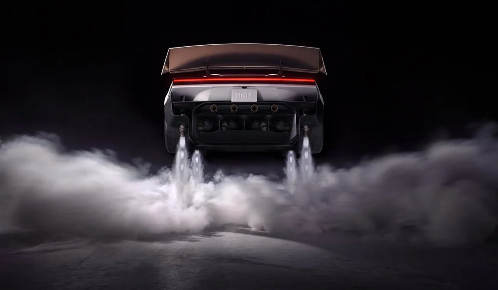 Tesla Roadster flying concept demonstrating rocket-assisted propulsion above the ground